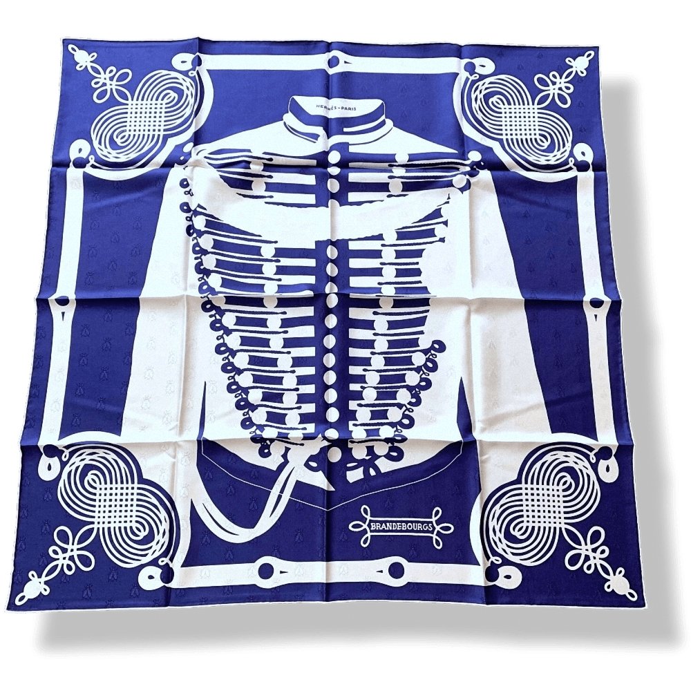 Hermes [C20] Limited Indigo White BRANDEBOURG TATTOO by Caty Latham Jacquard Twill SIlk 90cm, BNEW! - poupishop