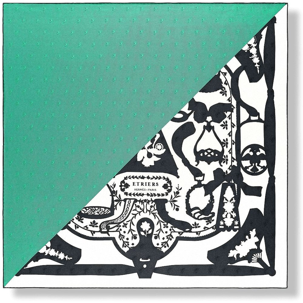 Hermes [C22] 2018 Menthol White Black ETRIERS TATTOO by Francoise de la Perreire Jacquard Twill 90cm, NWTIB! - poupishop