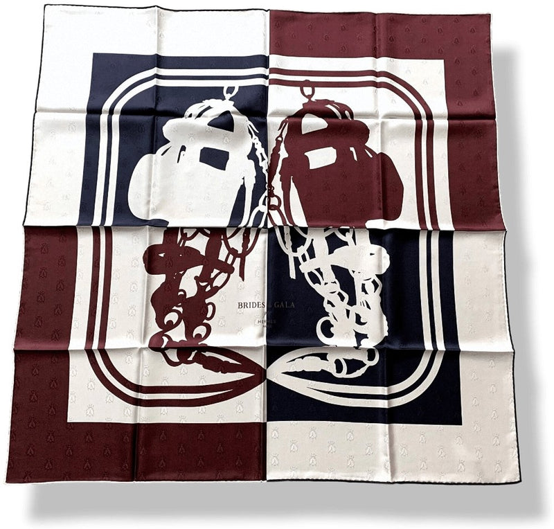 Hermes [C29] Navy/White/Burgundy BRIDES DE GALA QUADRI TATTOO Jacquard Twill SIlk 90cm, BNWT! - poupishop