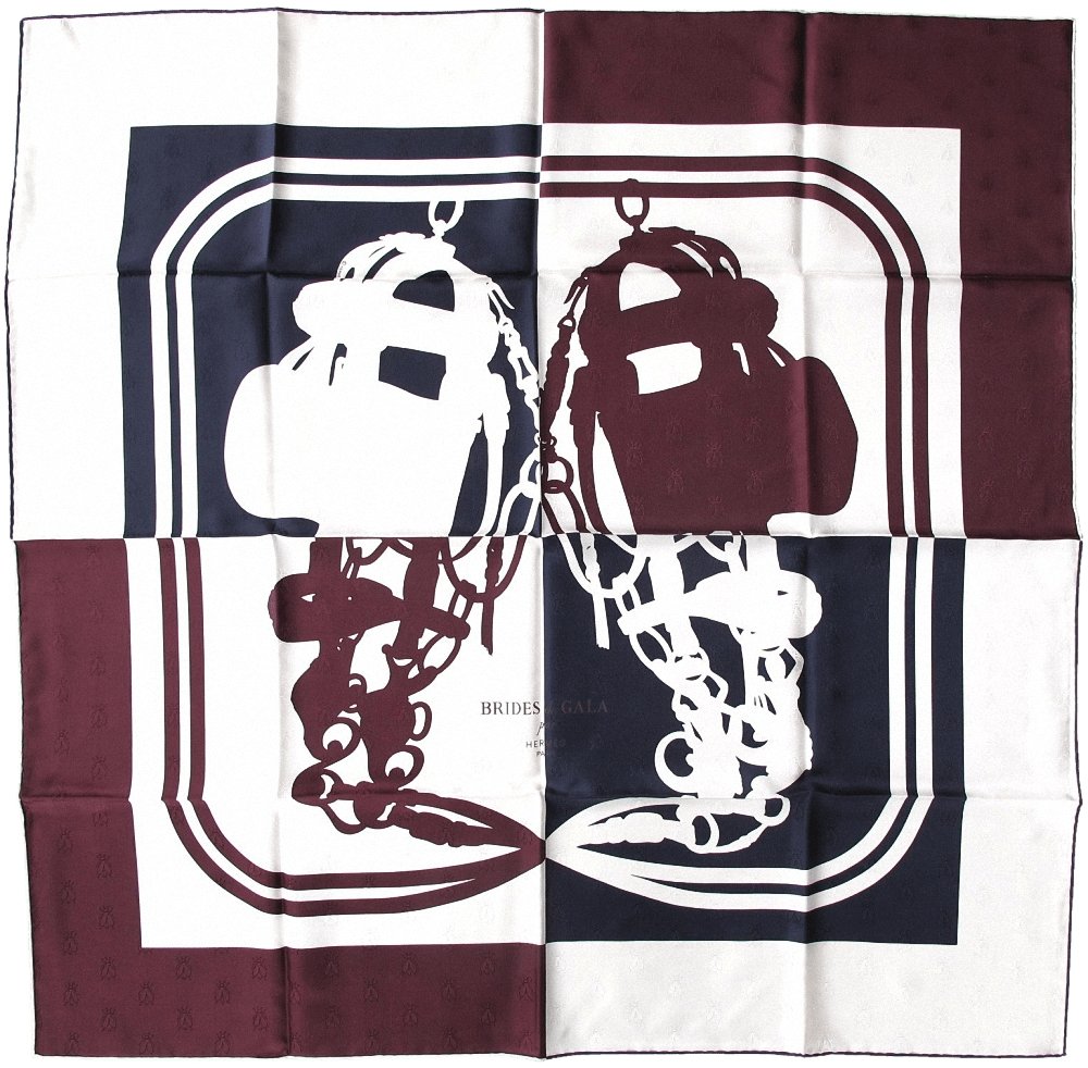 Hermes [C29] Navy/White/Burgundy BRIDES DE GALA QUADRI TATTOO Jacquard Twill SIlk 90cm, BNWT! - poupishop