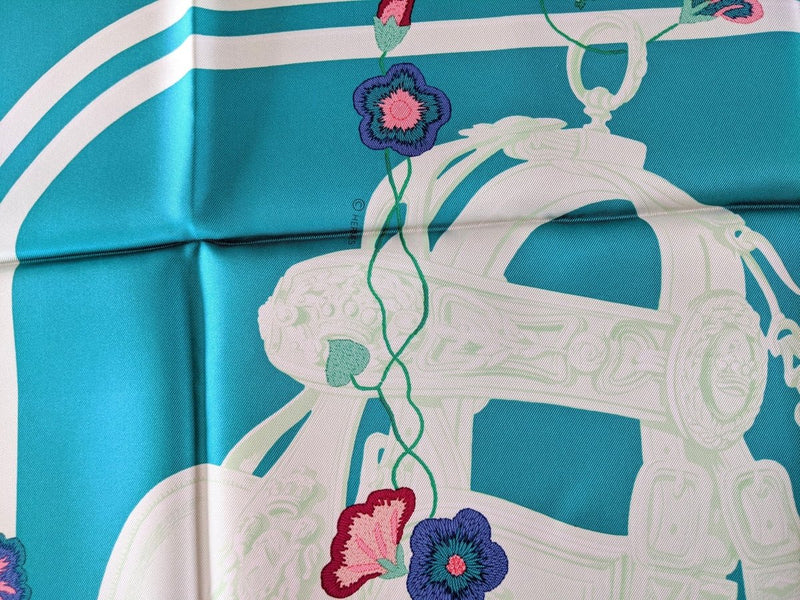 Hermes [C3] 2017 Vert/Aqua/Rose BRIDES FLEURIES 100% Twill Silk 90cm CM, BNWT with tiny flaw! - poupishop