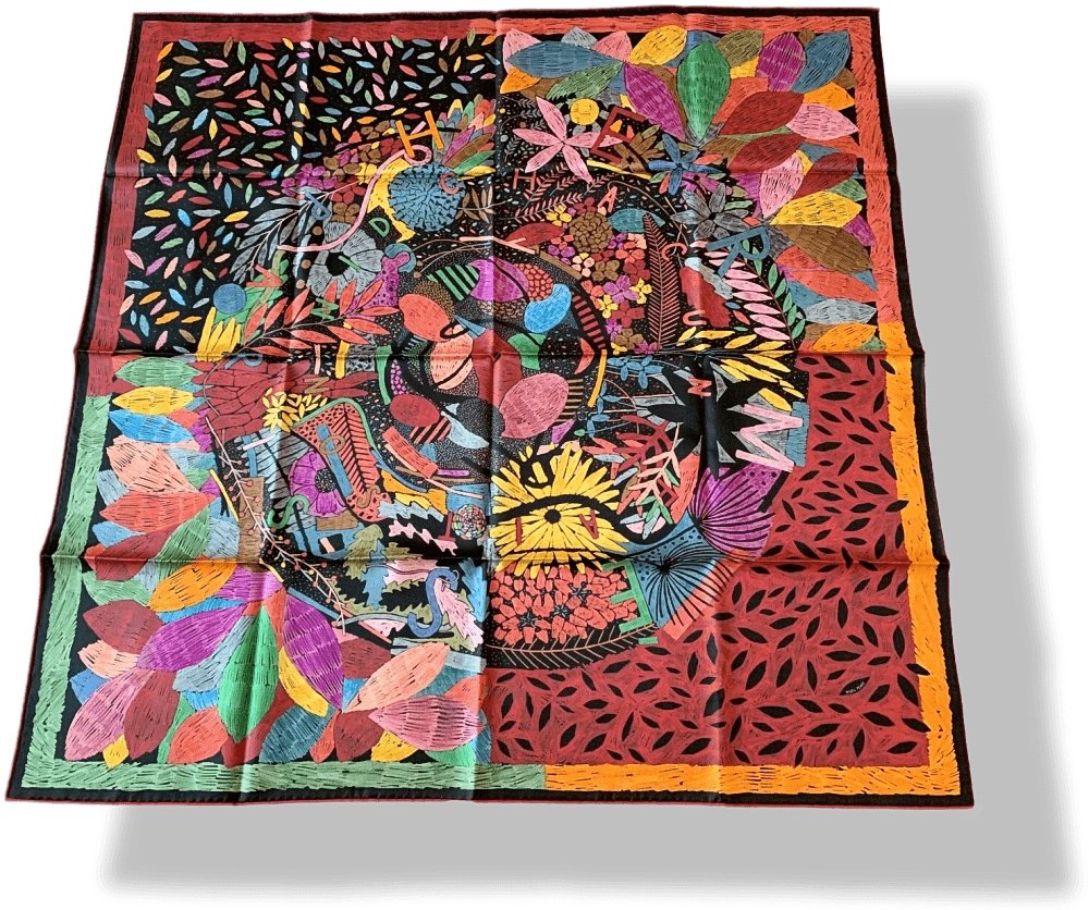 Hermes [C35] 2016 Black Coral Gold Yellow CHACUN FAIT SON NID by Nigel Peake Twill 90cm, NWTIB! - poupishop