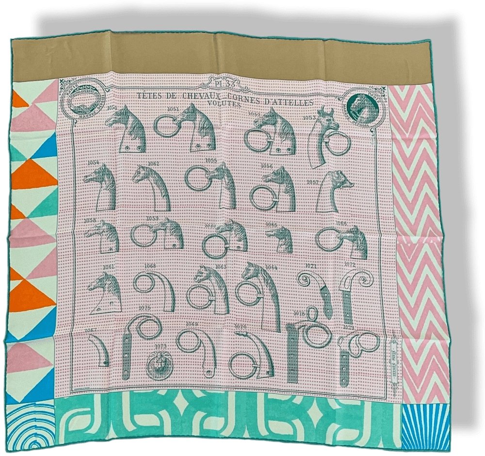 Hermes [C37] Pink/Camel/Green MANUFACTURE DE BOUCLERIES DETAIL by Gianpaolo Pagni WASH Silk Carre 90cm cm, BNWTIB! - poupishop