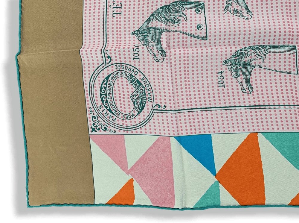Hermes [C37] Pink/Camel/Green MANUFACTURE DE BOUCLERIES DETAIL by Gianpaolo Pagni WASH Silk Carre 90cm cm, BNWTIB! - poupishop