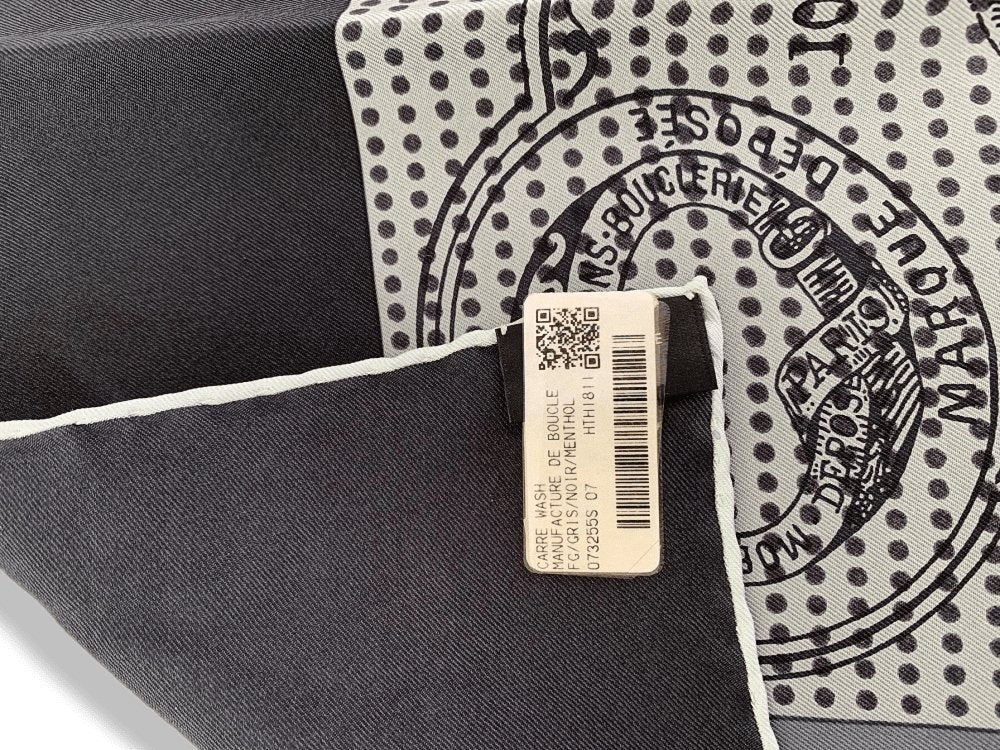Hermes [C38] Grey Black Mentol MANUFACTURE DE BOUCLERIES DETAIL by Gianpaolo Pagni WASH Silk Carre 90cm cm, BNWTIB! - poupishop