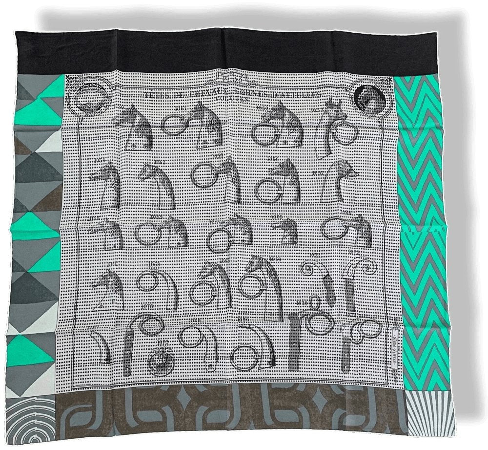 Hermes [C38] Grey Black Mentol MANUFACTURE DE BOUCLERIES DETAIL by Gianpaolo Pagni WASH Silk Carre 90cm cm, BNWTIB! - poupishop