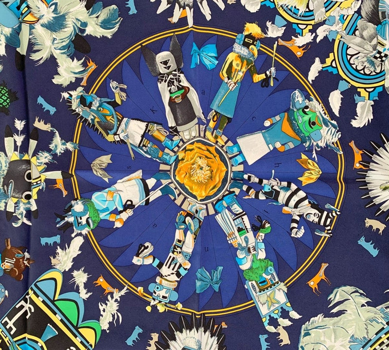 Hermes [C39] Navy Yellow Green KACHINAS by Kermit Oliver WASH Silk Carre 90cm cm, BNWTIB! - poupishop