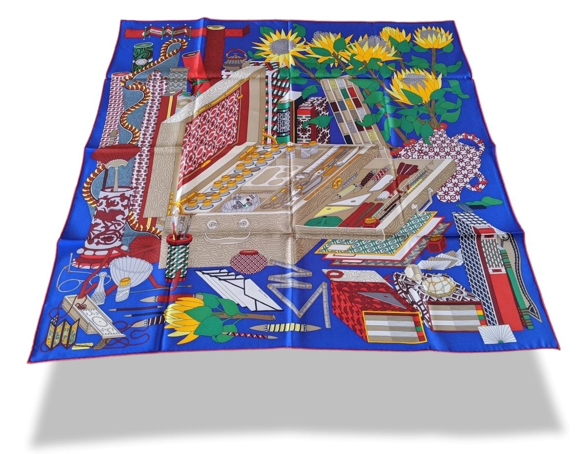 Hermes [C4] 2017 Bleu Electrique/Beige/Vert TRESORS D'UN ARTISTE by Pierre Marie Twill Silk Carre 90cm cm, BNWTIB! - poupishop