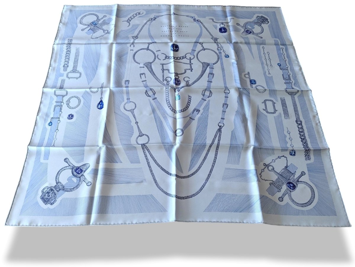 Hermes [C42] 2018 Grey Blue ETUDE POUR UNE PARURE DE GALA by Florence Manlik Twill Silk Carre 90cm cm, BNWTIB! - poupishop