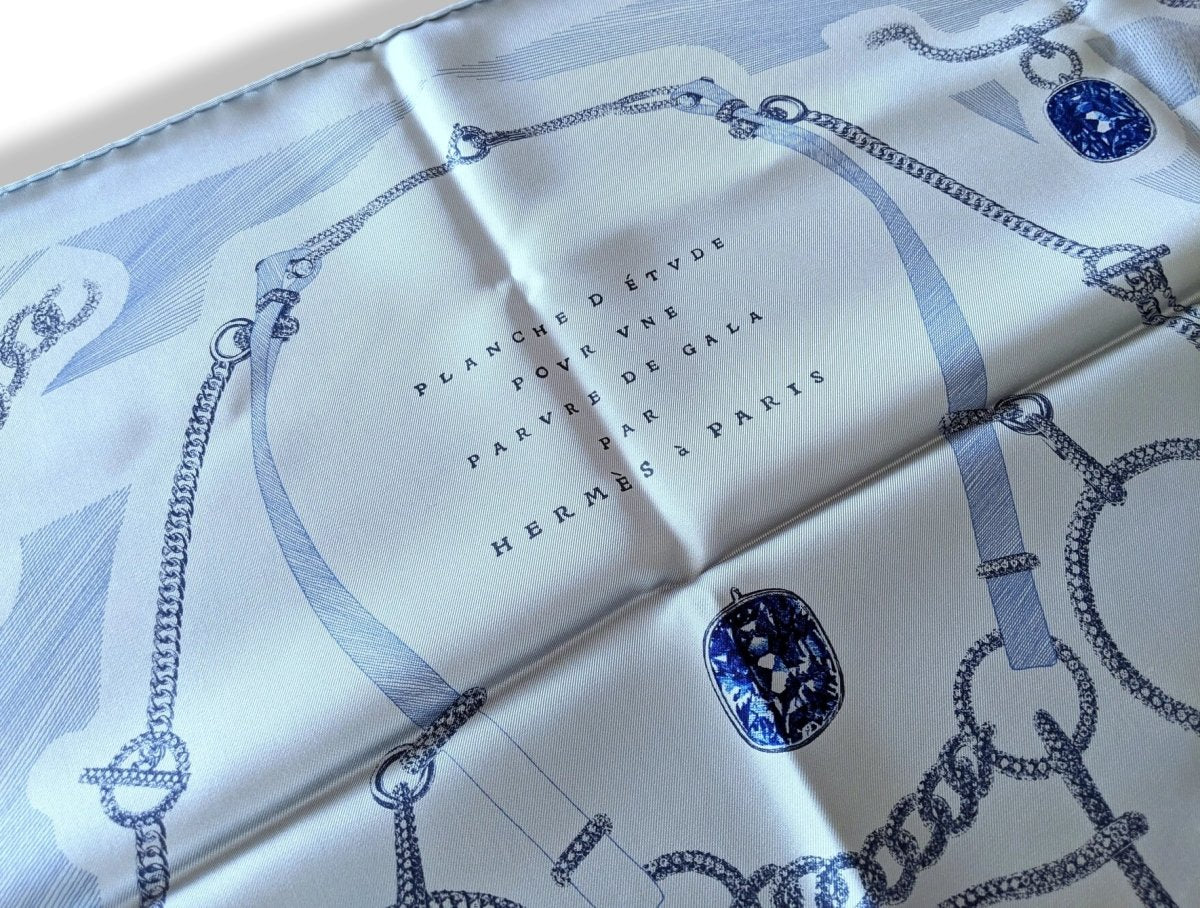 Hermes [C42] 2018 Grey Blue ETUDE POUR UNE PARURE DE GALA by Florence Manlik Twill Silk Carre 90cm cm, BNWTIB! - poupishop