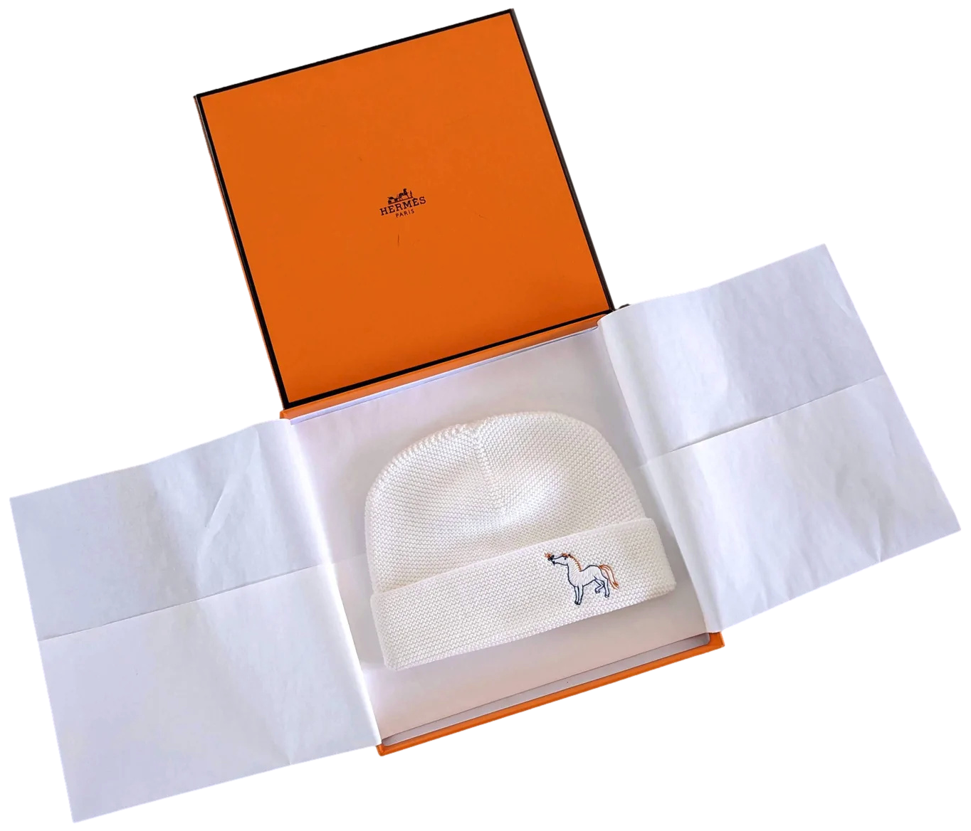 Hermes Blanc Creme "Bonnet Cabriole" by Alice Charbin Baby Hat 3M