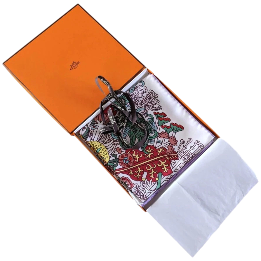 Hermes [AC3] 2018 White/Red/Green CACHE-CACHE FLEURI by Pierre Marie Twill Carre 90cm