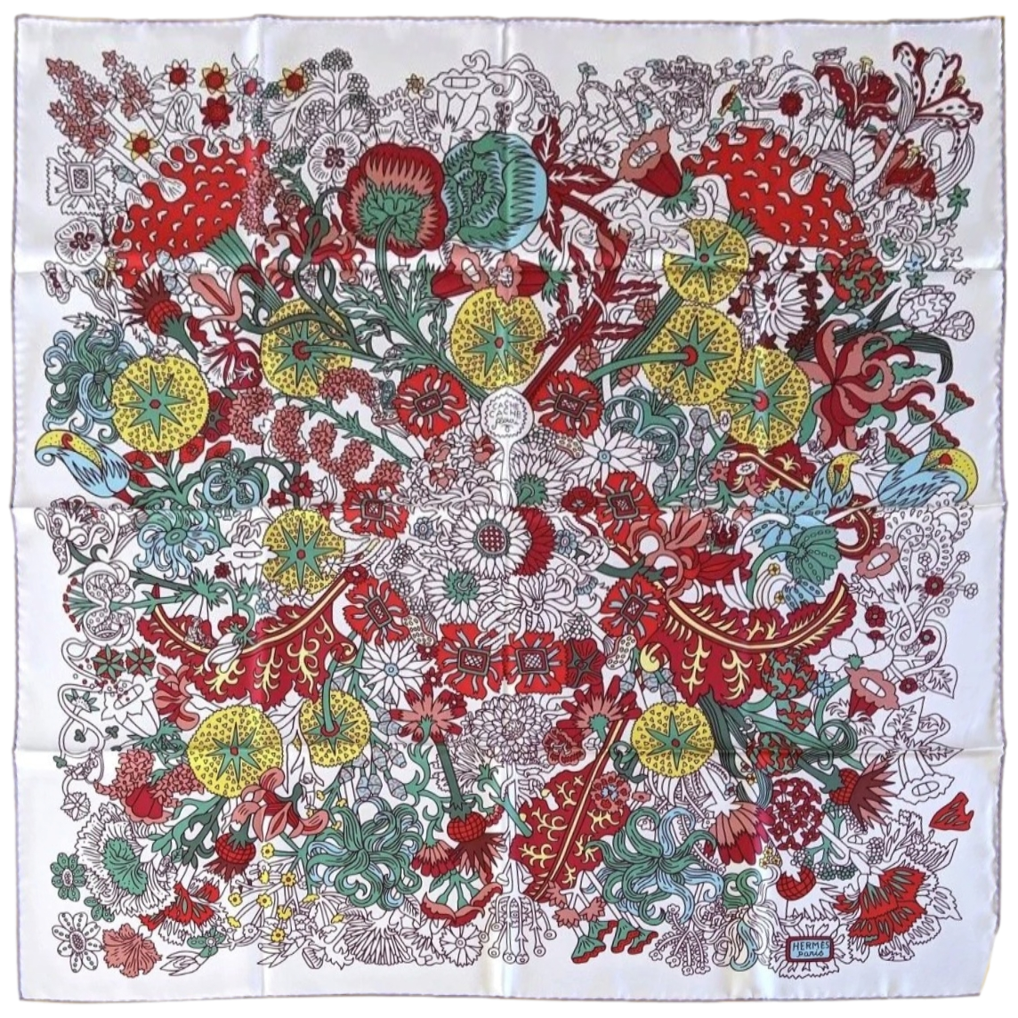 Hermes [AC3] 2018 White/Red/Green CACHE-CACHE FLEURI by Pierre Marie Twill Carre 90cm
