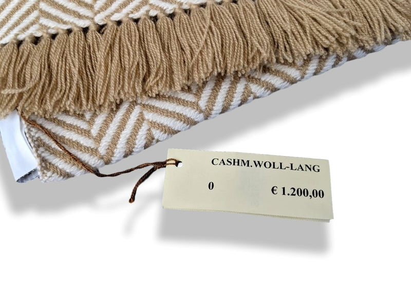 Hermes Camel/Ivoire Fringed 100% Cashmere ETOLE CHEVRON ARTISANALE Muffler Hand Woven in Nepal 70 x 200 cm, BNWT! - poupishop