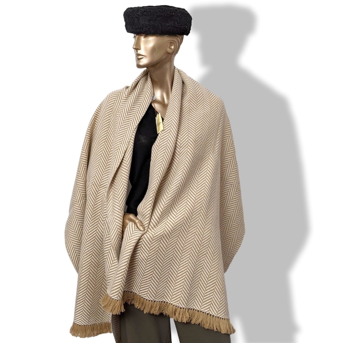 Hermes Camel/Ivoire Fringed 100% Cashmere ETOLE CHEVRON ARTISANALE Muffler Hand Woven in Nepal 70 x 200 cm, BNWT! - poupishop