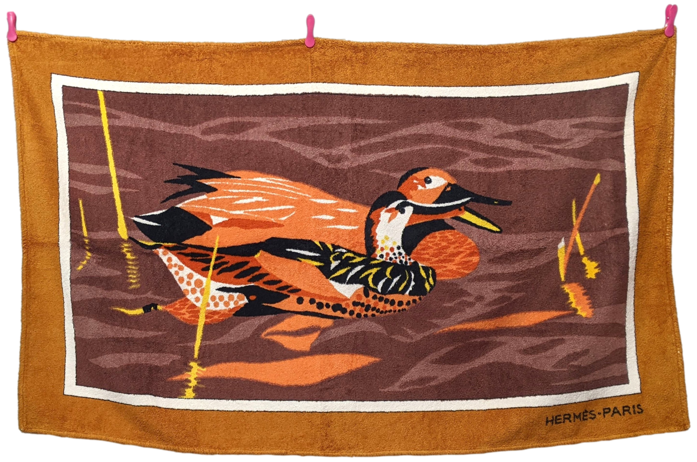 Produits Hermes Vintage Brown/Orange "Canards " Cotton Terry Beach Towel 90 x 150 cm