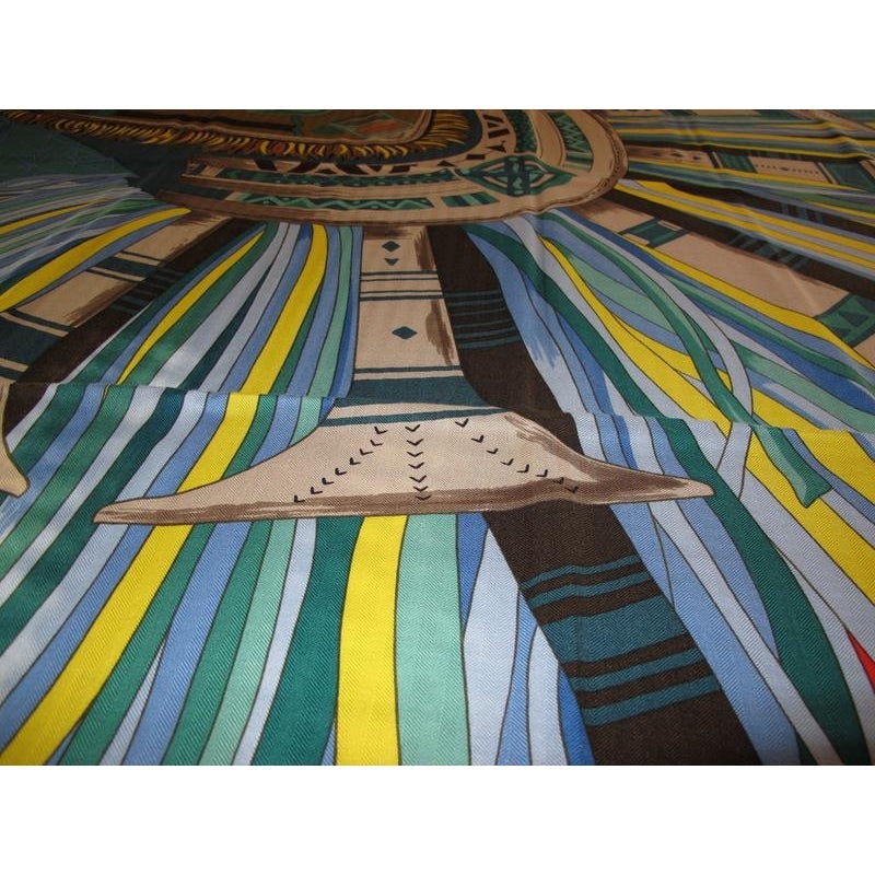Hermes Caramel/Baby BLue/Red Cuirs du Desert Detail Cashmere Shawl 140, New! - poupishop