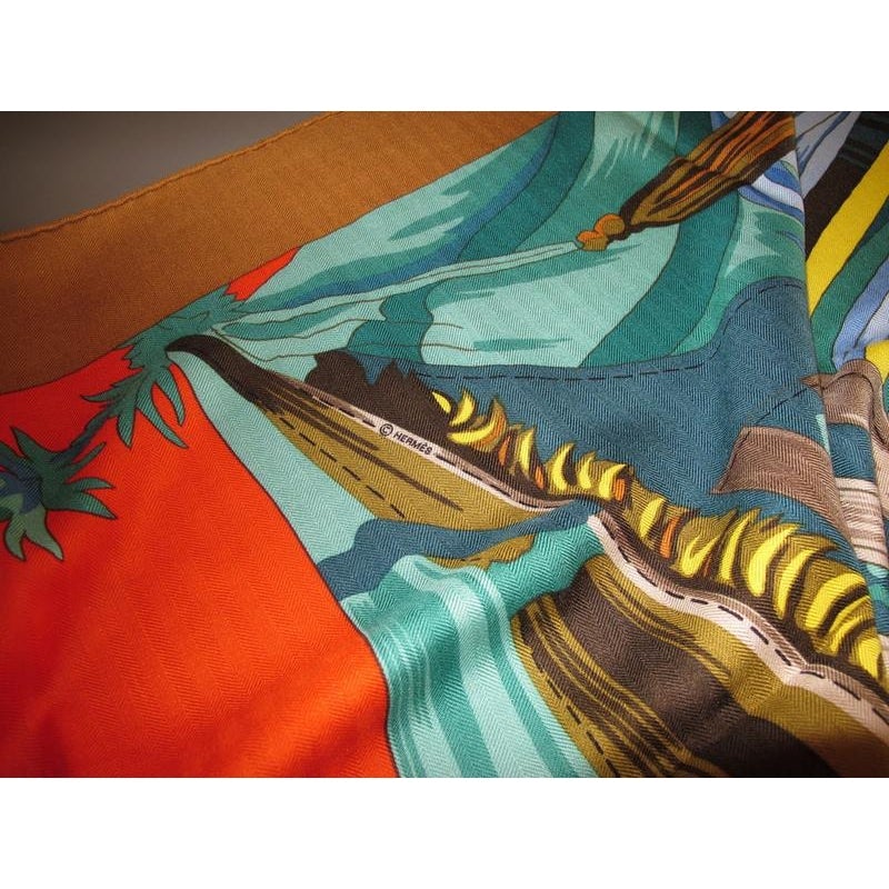 Hermes Caramel/Baby BLue/Red Cuirs du Desert Detail Cashmere Shawl 140, New! - poupishop
