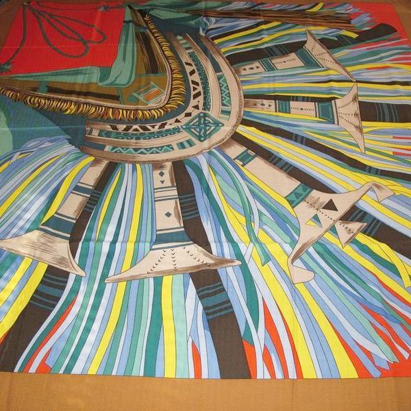 Hermes Caramel/Baby BLue/Red Cuirs du Desert Detail Cashmere Shawl 140, New! - poupishop