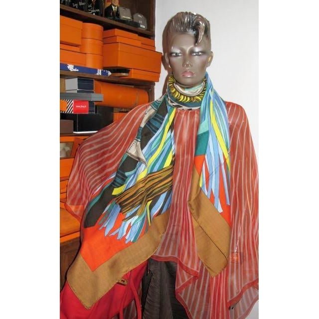 Hermes Caramel/Baby BLue/Red Cuirs du Desert Detail Cashmere Shawl 140, New! - poupishop