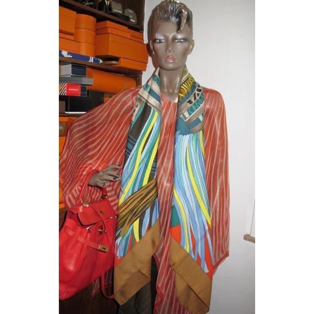 Hermes Caramel/Baby BLue/Red Cuirs du Desert Detail Cashmere Shawl 140, New! - poupishop
