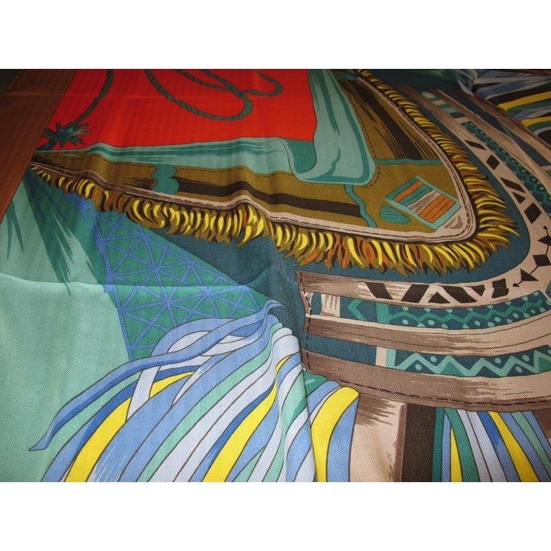 Hermes Caramel/Baby BLue/Red Cuirs du Desert Detail Cashmere Shawl 140, New! - poupishop
