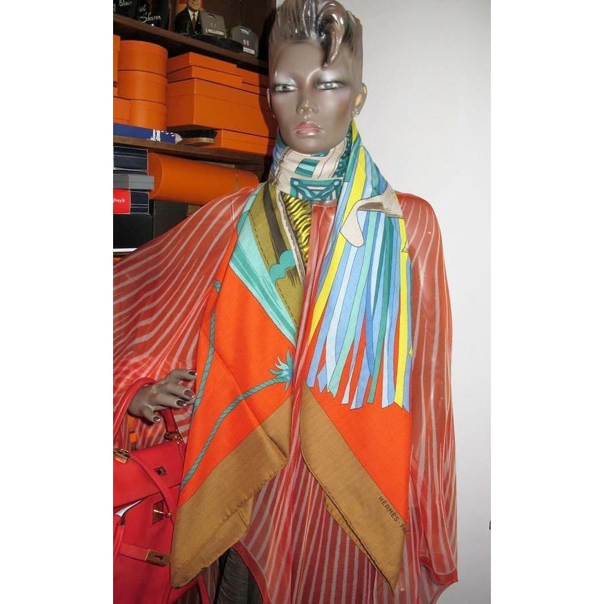 Hermes Caramel/Baby BLue/Red Cuirs du Desert Detail Cashmere Shawl 140, New! - poupishop