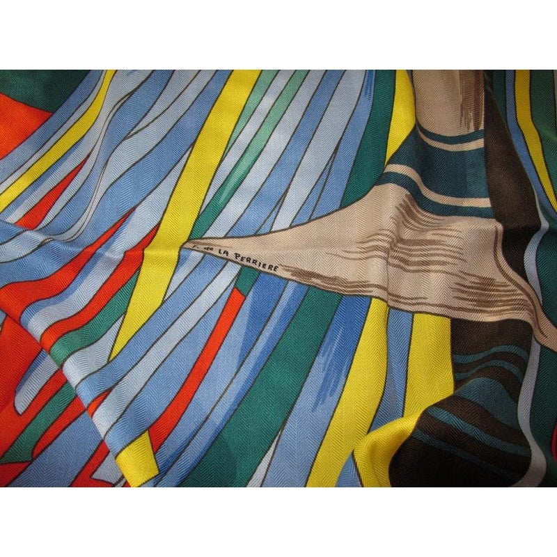 Hermes Caramel/Baby BLue/Red Cuirs du Desert Detail Cashmere Shawl 140, New! - poupishop