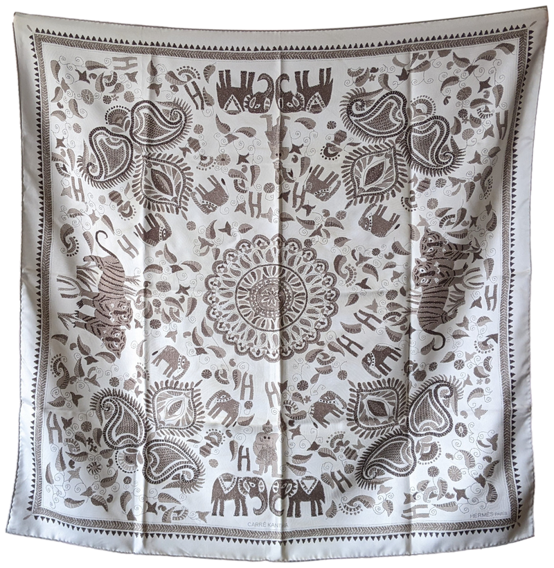 Hermes 2008 Blanc/Gris "Carre Kantha" Indian's Patterns Twill 90 x 90 cm