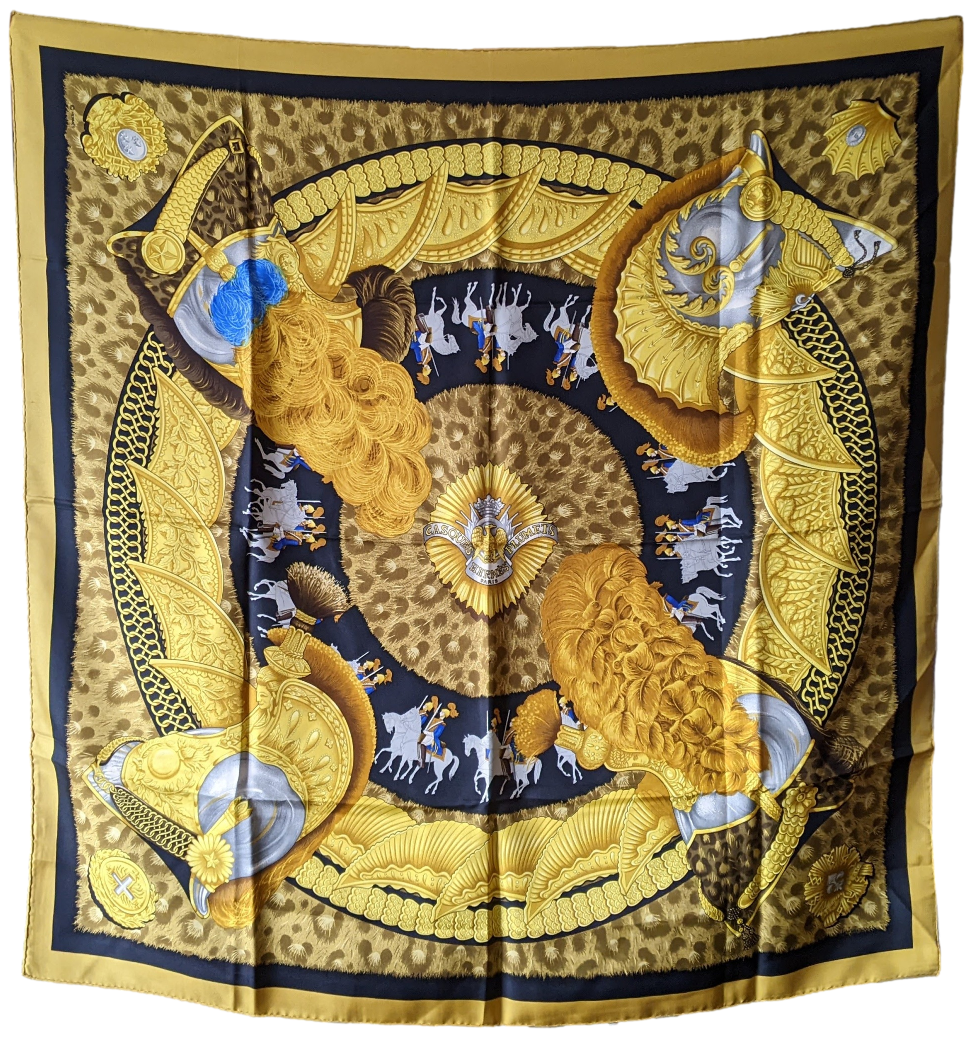 HERMES 2012 CASQUES ET PLUMMETS Twill Silk Scarf 90