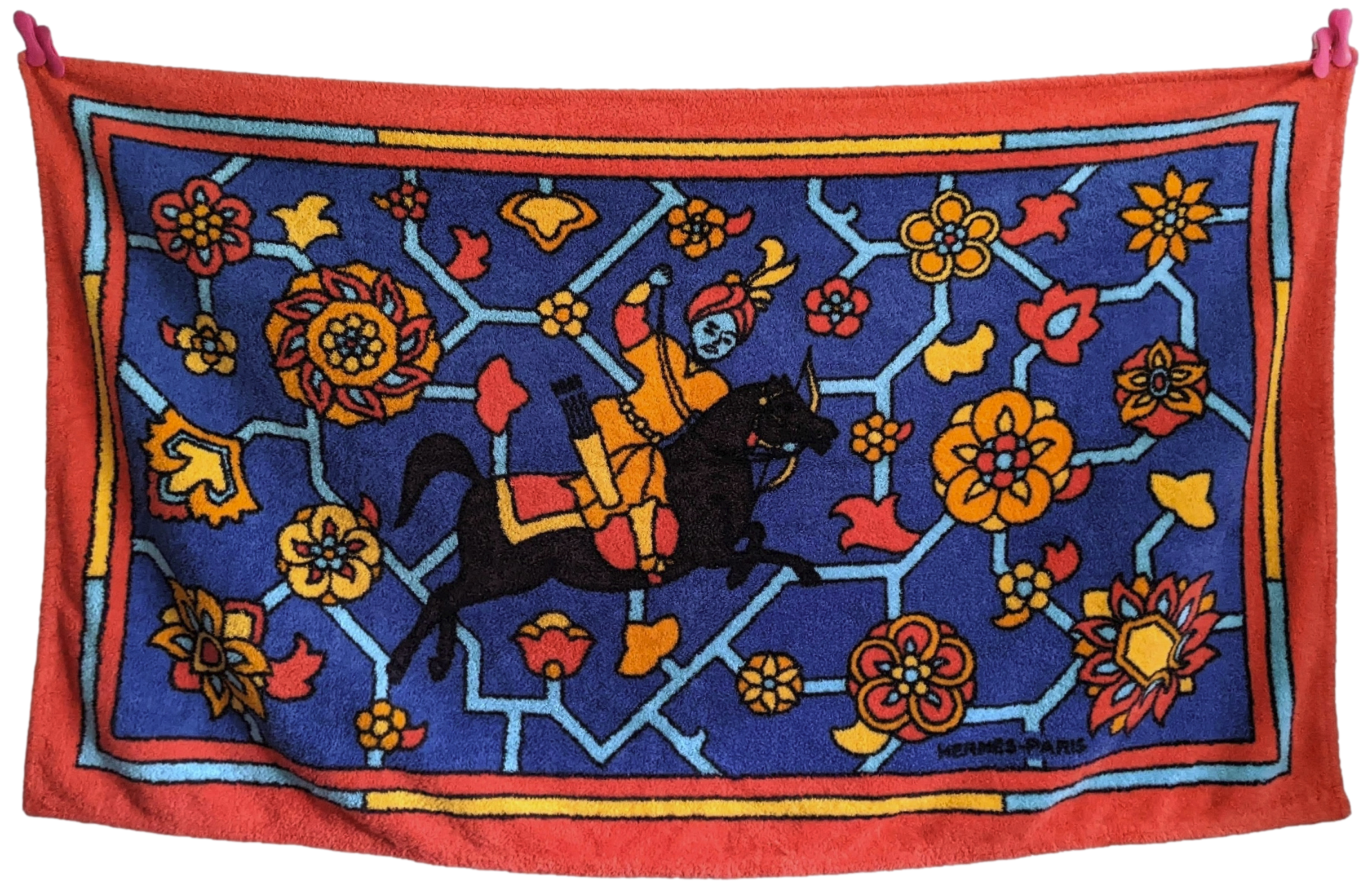 Produits Hermes Vintage Red/Blue Cotton Terry Beach Towel 90 x 150 cm