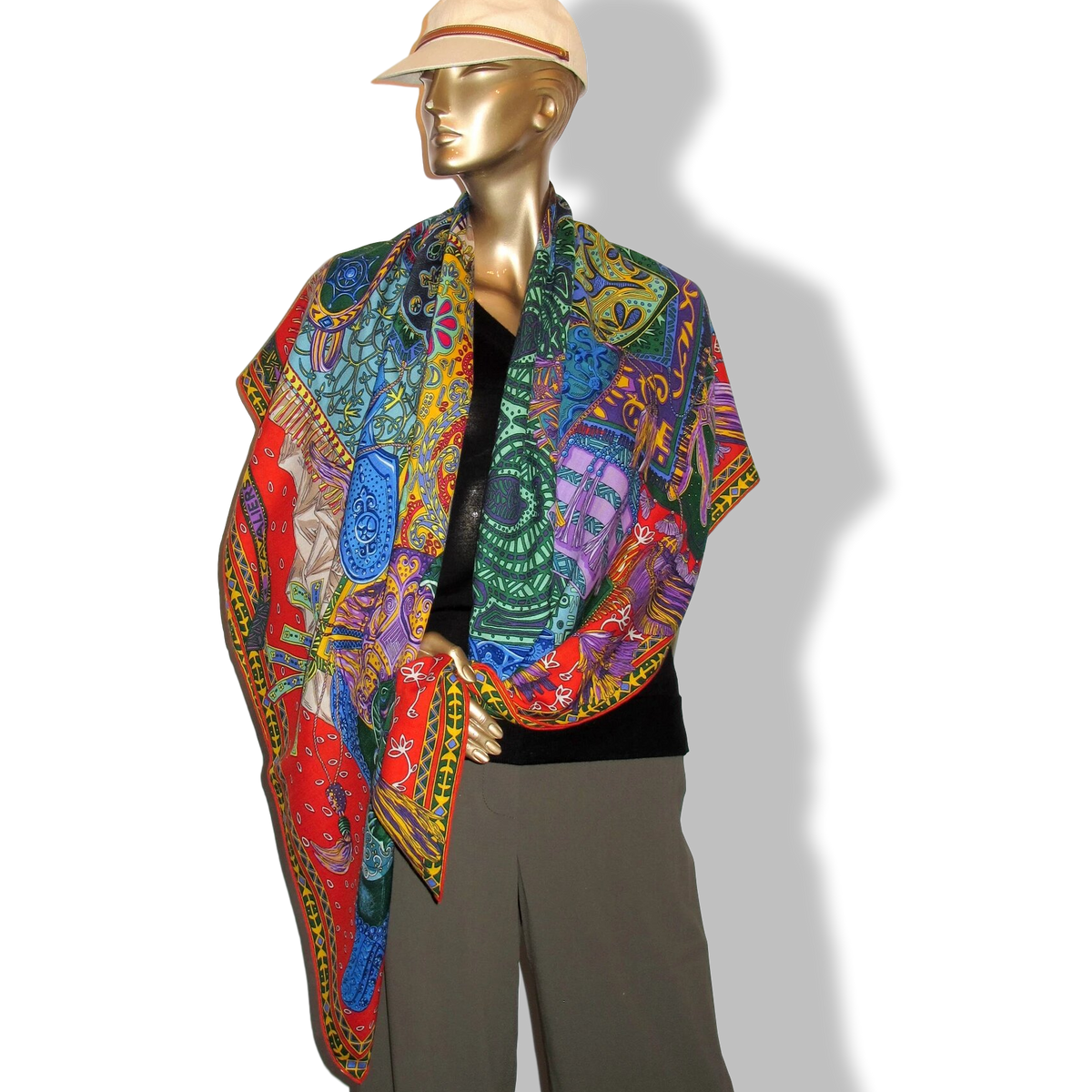 Hermes [S08] 2016 Red Turquoise Yellow CAVALIERS DU CAUCASE by Annie Faivre Cashmere Shawl 140, NWTIB!