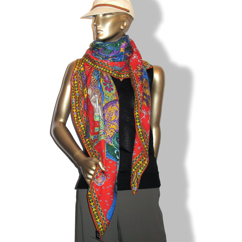 Hermes [S08] 2016 Red Turquoise Yellow CAVALIERS DU CAUCASE by Annie Faivre Cashmere Shawl 140, NWTIB!