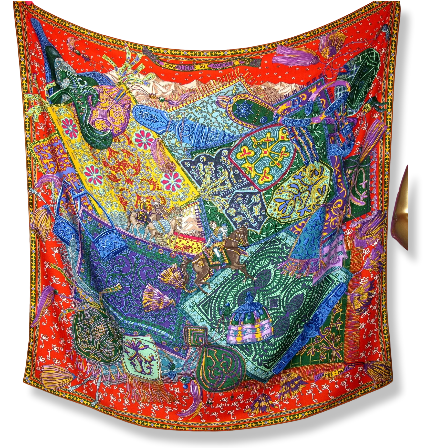 Hermes [S08] 2016 Red Turquoise Yellow CAVALIERS DU CAUCASE by Annie Faivre Cashmere Shawl 140, NWTIB!