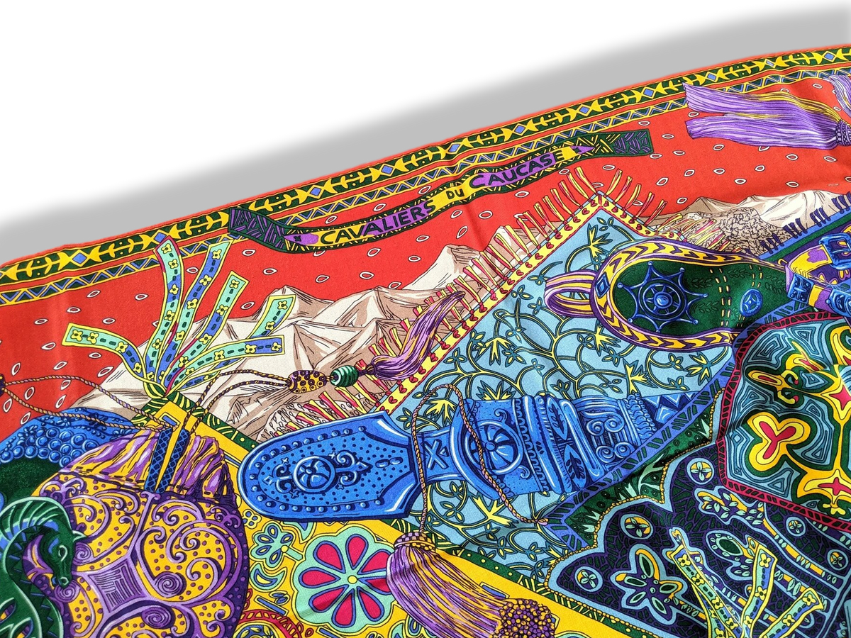 Hermes [S08] 2016 Red Turquoise Yellow CAVALIERS DU CAUCASE by Annie Faivre Cashmere Shawl 140, NWTIB!
