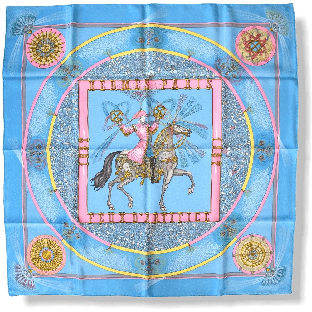 Hermes Celebrating 150 ans Blue Pink Feux d'artifices 1937-1987 by Michel Duchene Matte Blanc Overlay Jacquard Twill 90cm, NIB! - poupishop