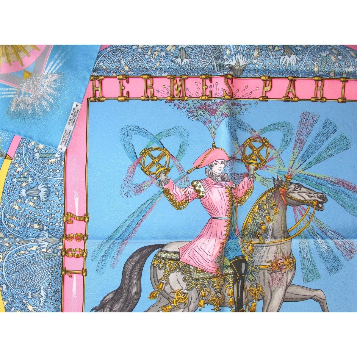Hermes Celebrating 150 ans Blue Pink Feux d'artifices 1937-1987 by Michel Duchene Matte Blanc Overlay Jacquard Twill 90cm, NIB! - poupishop