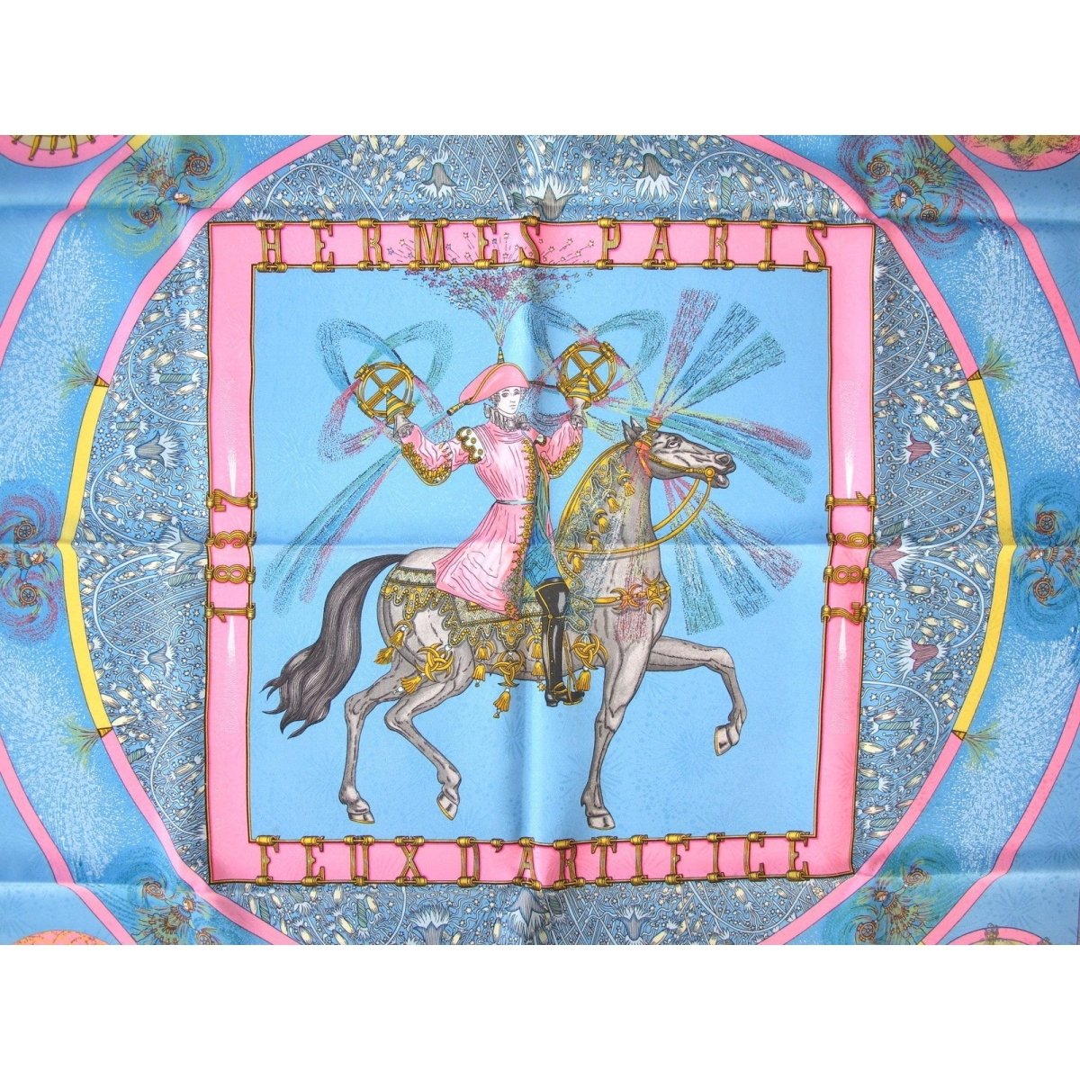 Hermes Celebrating 150 ans Blue Pink Feux d'artifices 1937-1987 by Michel Duchene Matte Blanc Overlay Jacquard Twill 90cm, NIB! - poupishop