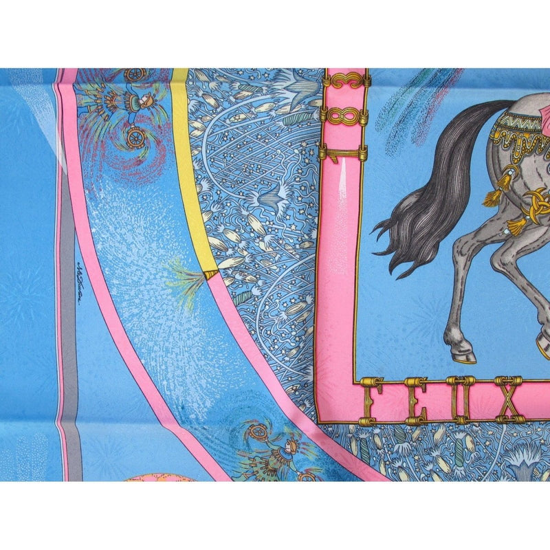 Hermes Celebrating 150 ans Blue Pink Feux d'artifices 1937-1987 by Michel Duchene Matte Blanc Overlay Jacquard Twill 90cm, NIB! - poupishop
