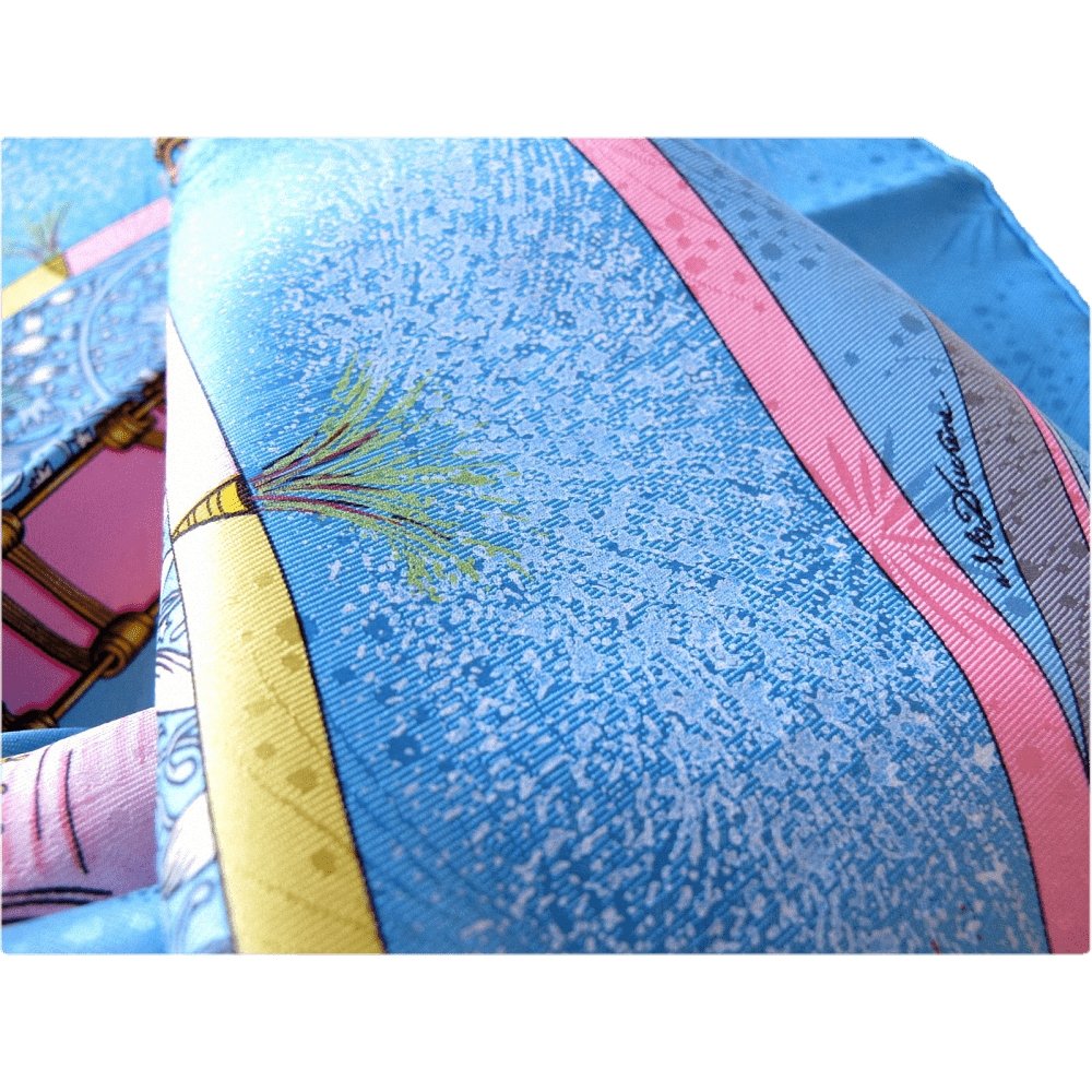 Hermes Celebrating 150 ans Blue Pink Feux d'artifices 1937-1987 by Michel Duchene Matte Blanc Overlay Jacquard Twill 90cm, NIB! - poupishop