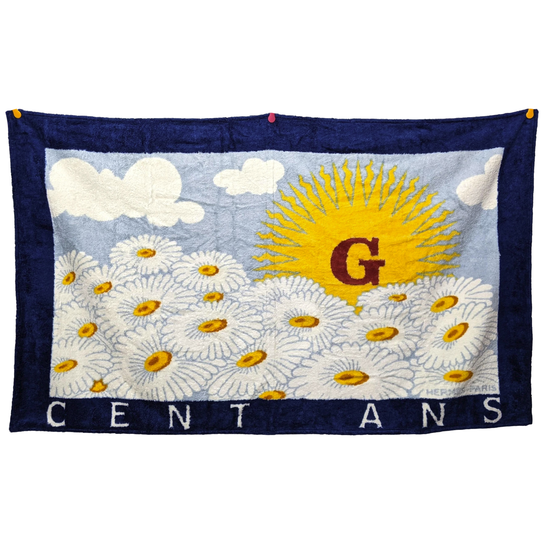 Produits Hermes Marine/Blanc/Jaune Special Issue "Cent Ans Gaumont" Tapis de Plage Terry Beach Towel 150 x 90cm