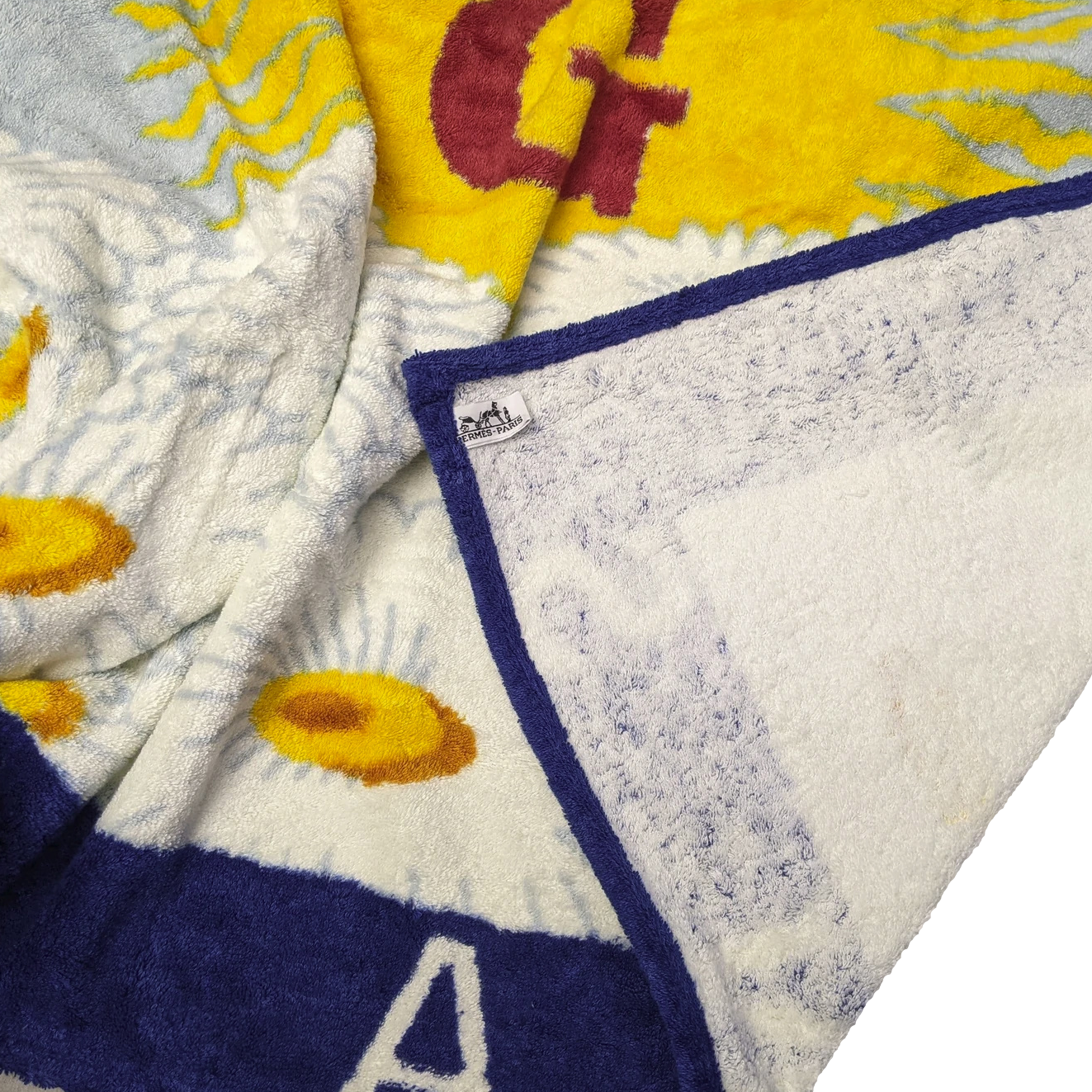Produits Hermes Marine/Blanc/Jaune Special Issue "Cent Ans Gaumont" Tapis de Plage Terry Beach Towel 150 x 90cm