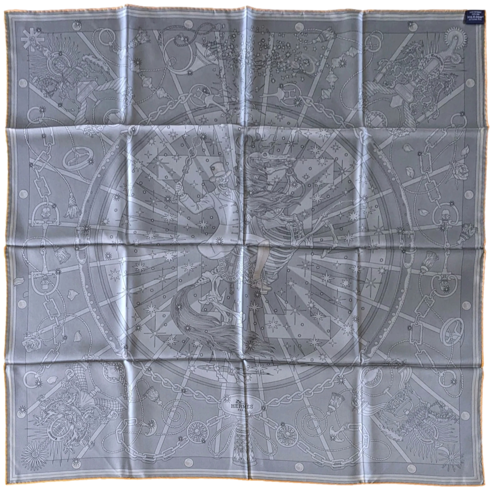 Hermes Kaki/Antracite/Orange "C'est la Fete" by Daiske Nomura Double Face Twill Scarf 90cm
