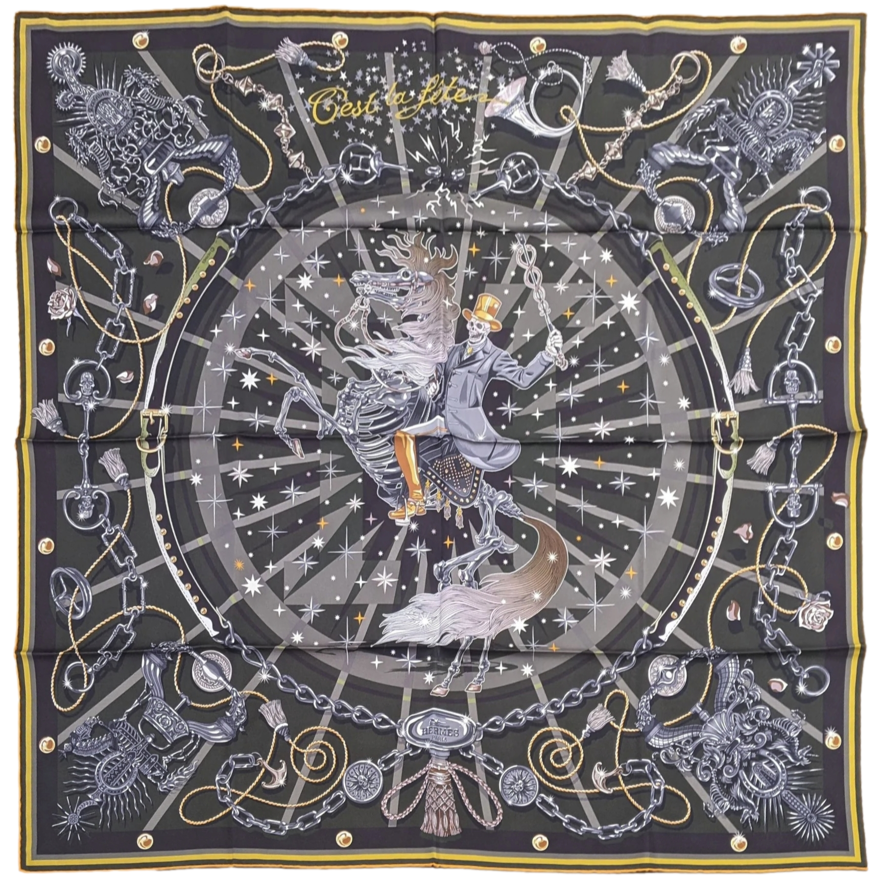 Hermes Kaki/Antracite/Orange "C'est la Fete" by Daiske Nomura Double Face Twill Scarf 90cm
