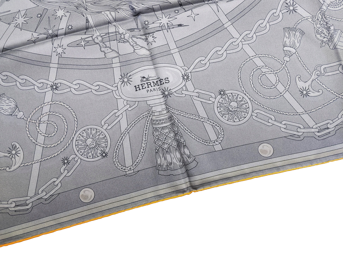 Hermes Kaki/Antracite/Orange "C'est la Fete" by Daiske Nomura Double Face Twill Scarf 90cm