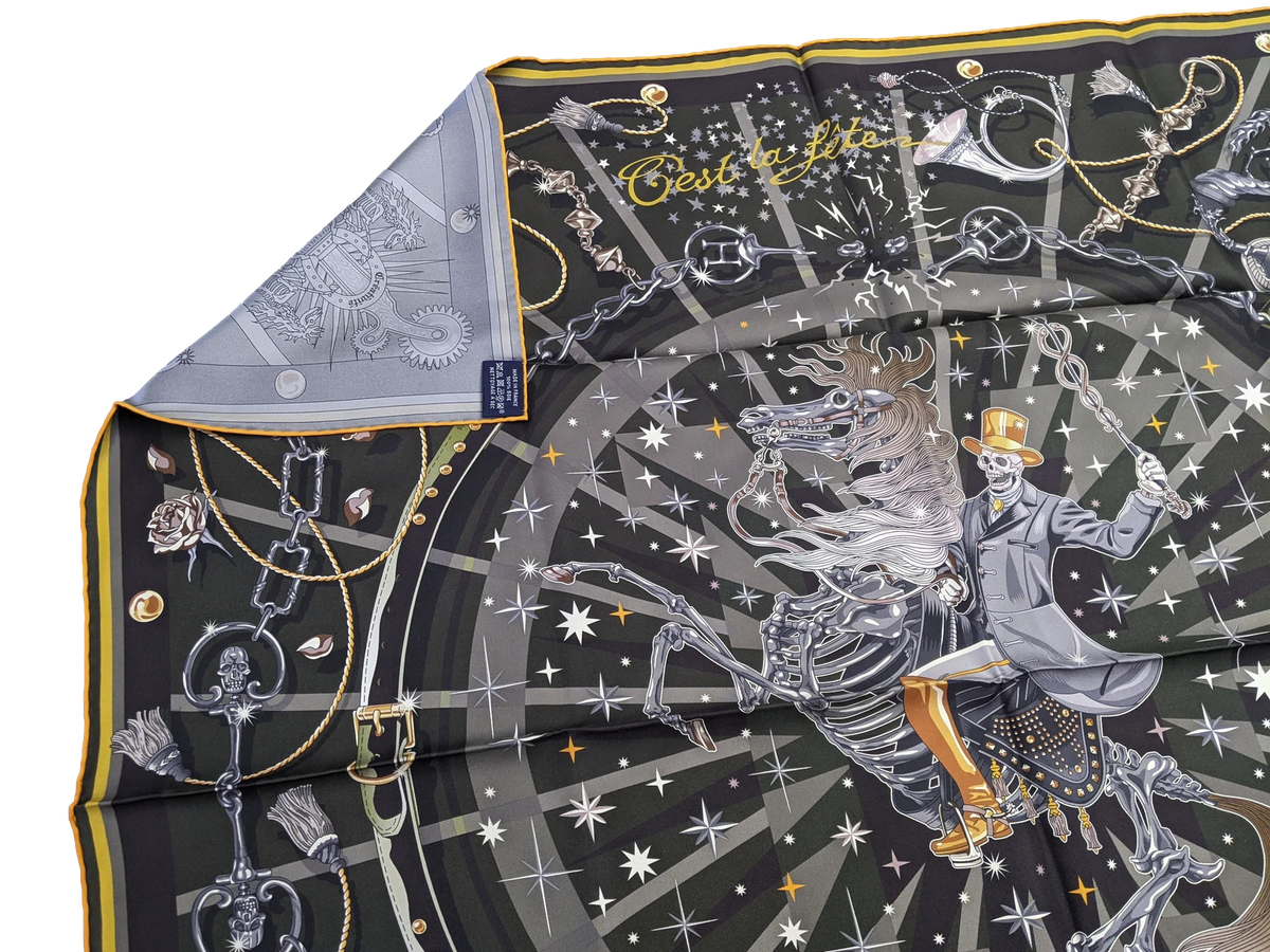 Hermes Kaki/Antracite/Orange "C'est la Fete" by Daiske Nomura Double Face Twill Scarf 90cm