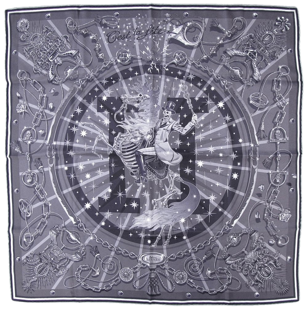 Produits Hermes 2012 Grey "C'est la Fête" by Daisuke Nomura Vintage Silk 70 cm