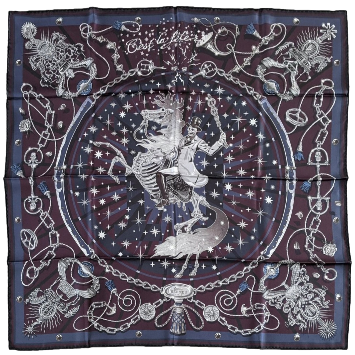 Hermes Prune/Gris/Marine "C'est la Fete" by Daiske Nomura Double Face Twill Scarf 90cm