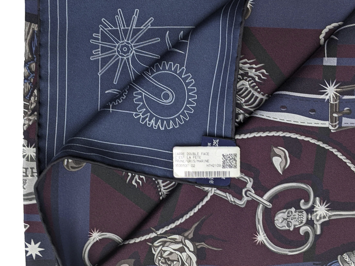 Hermes Prune/Gris/Marine "C'est la Fete" by Daiske Nomura Double Face Twill Scarf 90cm