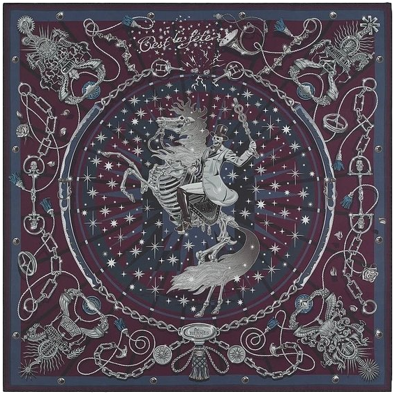 Hermes Prune/Gris/Marine "C'est la Fete" by Daiske Nomura Double Face Twill Scarf 90cm